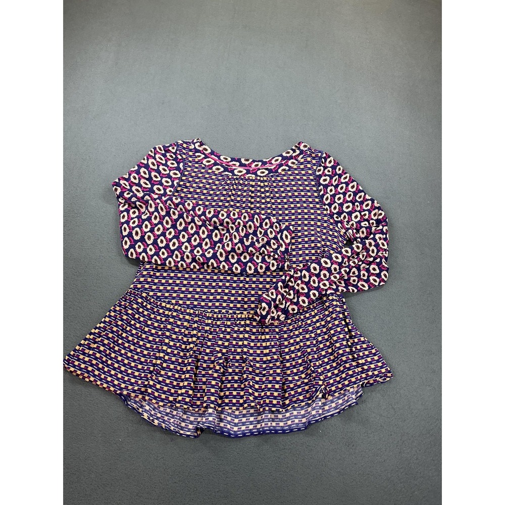 Maeve Anthropologie Shirt‎ Womens Medium Blue Geometric Ruffle Hem Tunic Blouse